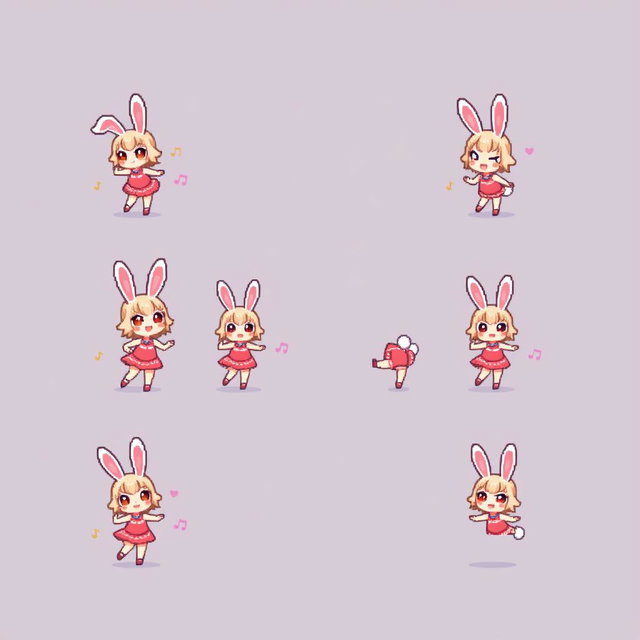 A colorful pixel art sprite sheet featuring a chibi bunny girl character in a 32x32 pixel format