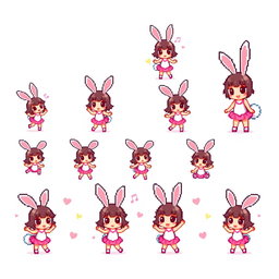 A colorful pixel art sprite sheet featuring a chibi bunny girl character in a 32x32 pixel format