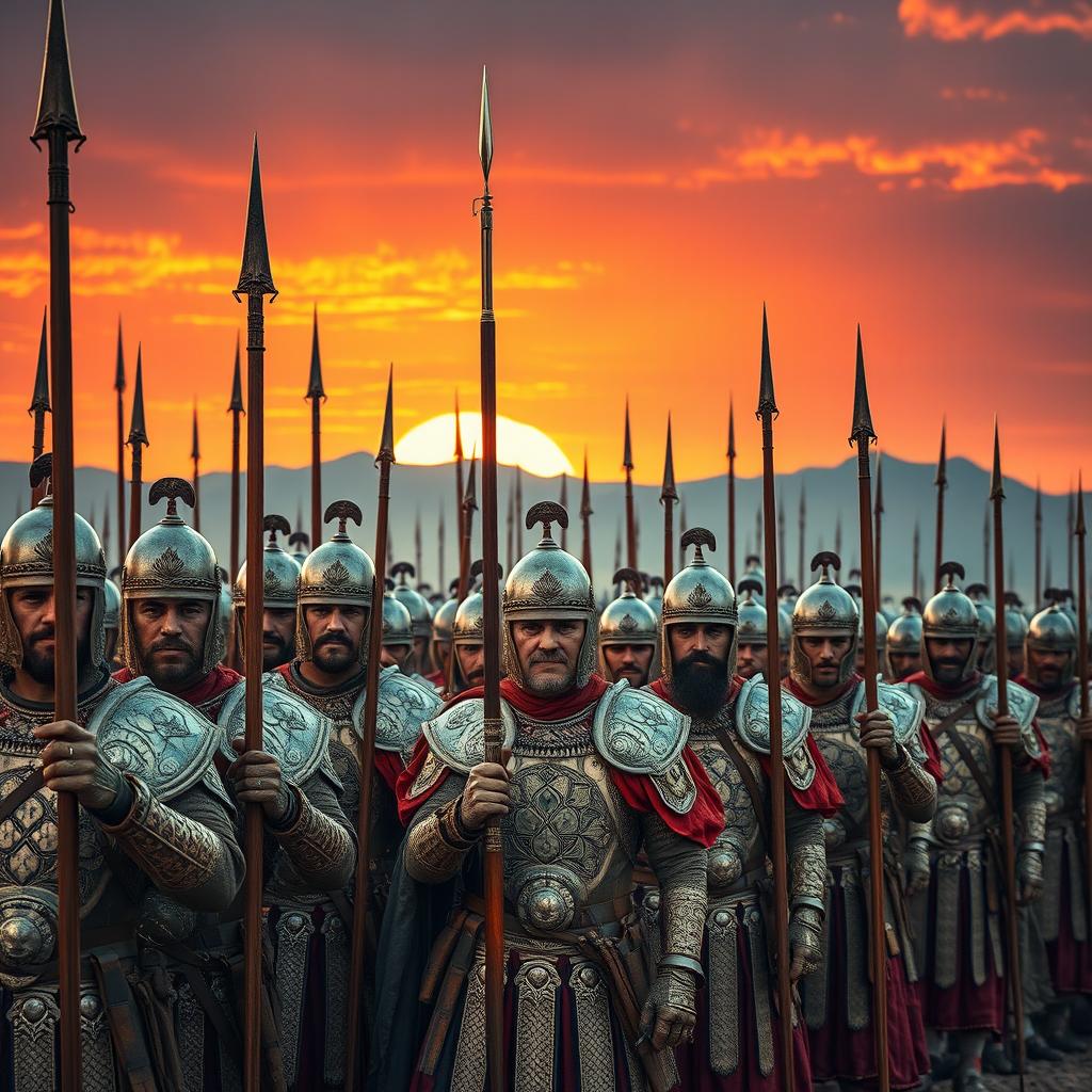 Ancient Ottoman warriors, clad in intricate armor and traditional garments, standing shoulder to shoulder in an endless army formation, with their weapons held high