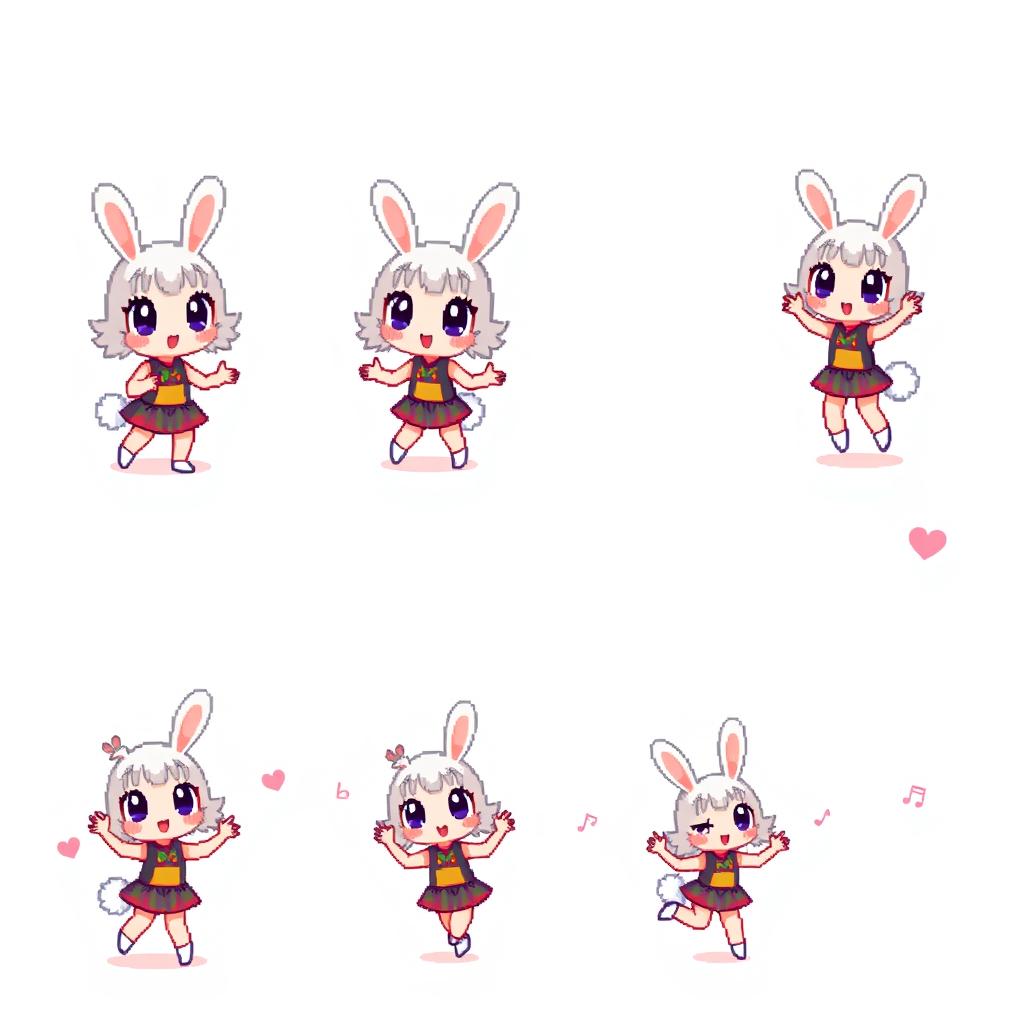 A lively pixel art sprite sheet featuring a chibi bunny girl character in a 32x32 pixel format