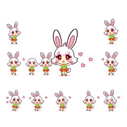 A lively pixel art sprite sheet featuring a chibi bunny girl character in a 32x32 pixel format