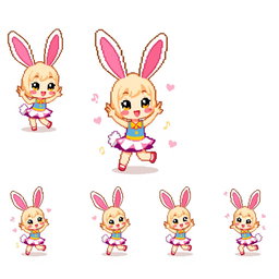 A lively pixel art sprite sheet featuring a chibi bunny girl character in a 32x32 pixel format