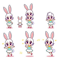 A lively pixel art sprite sheet featuring a chibi bunny girl character in a 32x32 pixel format