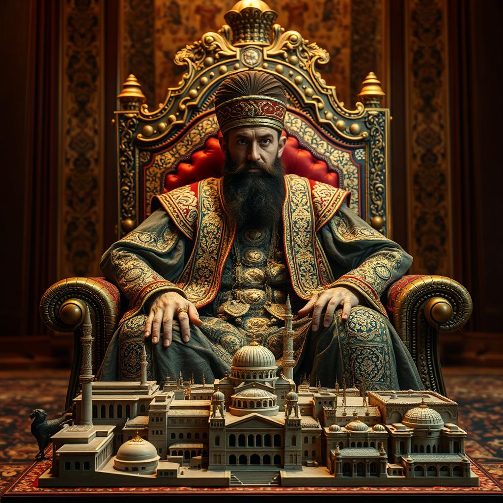 An ancient Ottoman king seated on an opulent throne, adorned with intricate patterns and rich fabrics, showcasing the grandeur of the Ottoman Empire