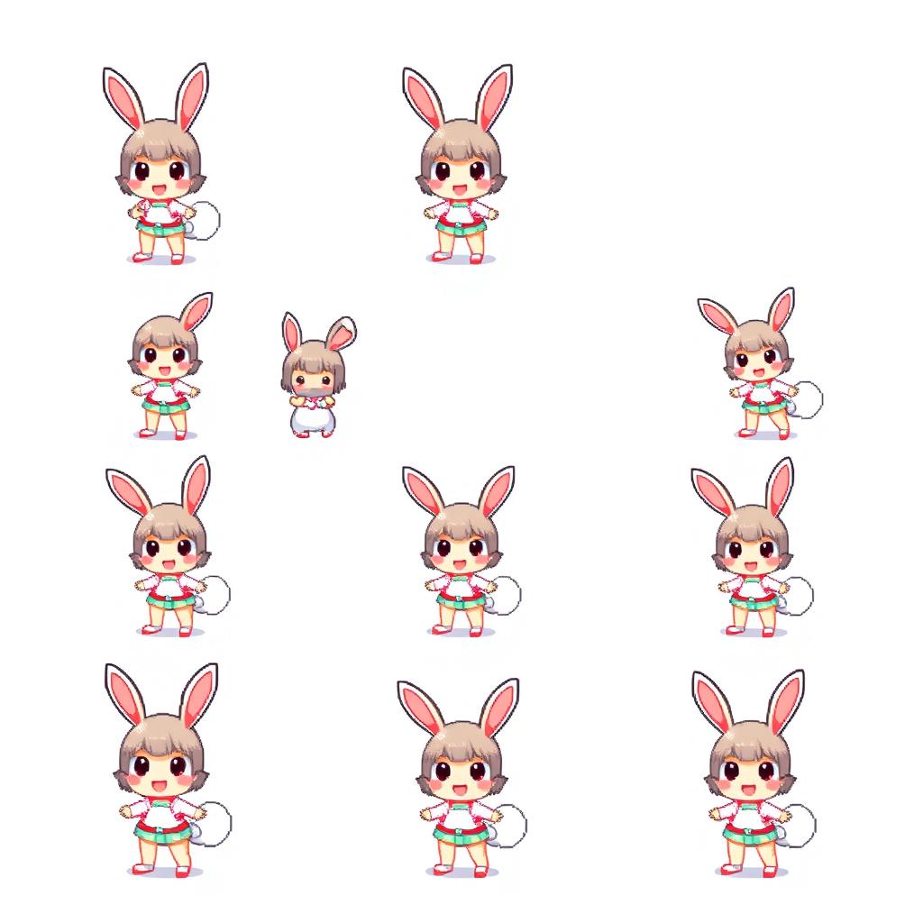 A charming pixel art sprite sheet featuring a bunny girl character in a compact 16x16 pixel format