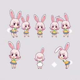 A charming pixel art sprite sheet featuring a bunny girl character in a compact 16x16 pixel format