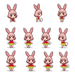 A charming pixel art sprite sheet featuring a bunny girl character in a compact 16x16 pixel format