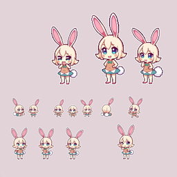 A charming pixel art sprite sheet featuring a bunny girl character in a compact 16x16 pixel format