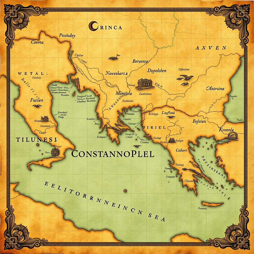 An ancient world map highlighting the location of the city of Constantinople