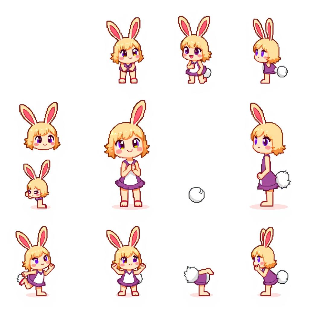 A vibrant pixel art sprite sheet featuring a pixel bunny girl character in a compact 16x16 pixel format