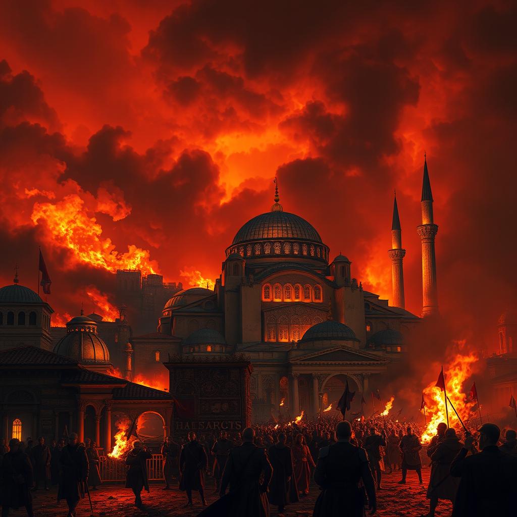 A dramatic depiction of Constantinople engulfed in flames, with detailed architecture of Byzantine buildings and the Hagia Sophia in the foreground