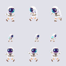 A dynamic pixel art sprite sheet featuring an astronaut character in a 32x32 pixel format