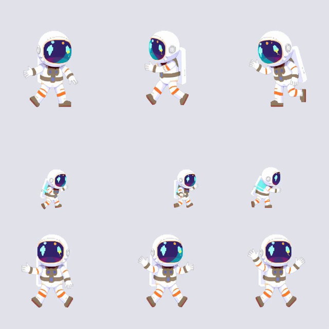 A dynamic pixel art sprite sheet featuring an astronaut character in a 32x32 pixel format