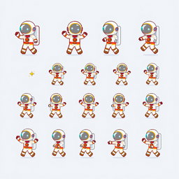 A dynamic pixel art sprite sheet featuring an astronaut character in a 32x32 pixel format