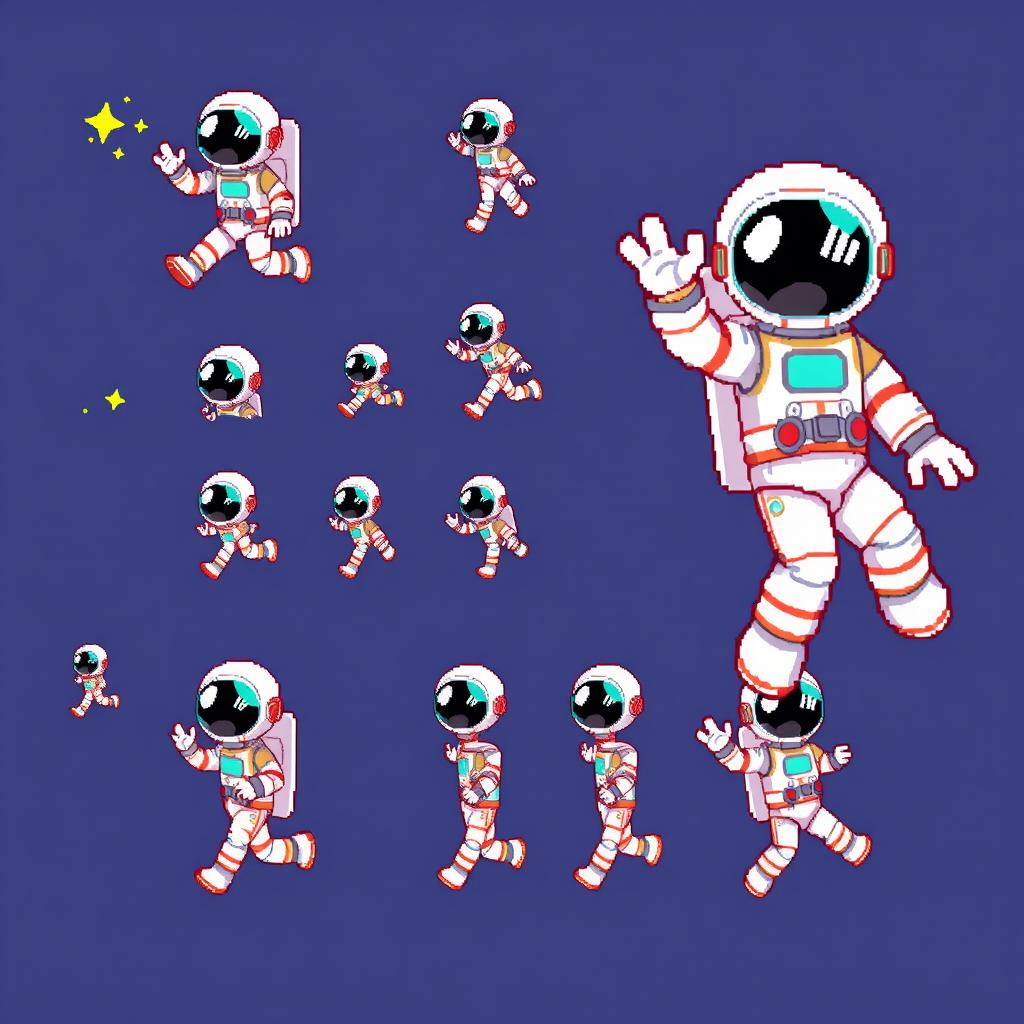 A dynamic pixel art sprite sheet featuring an astronaut character in a 32x32 pixel format