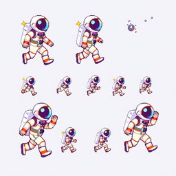 A dynamic pixel art sprite sheet featuring an astronaut character in a 32x32 pixel format