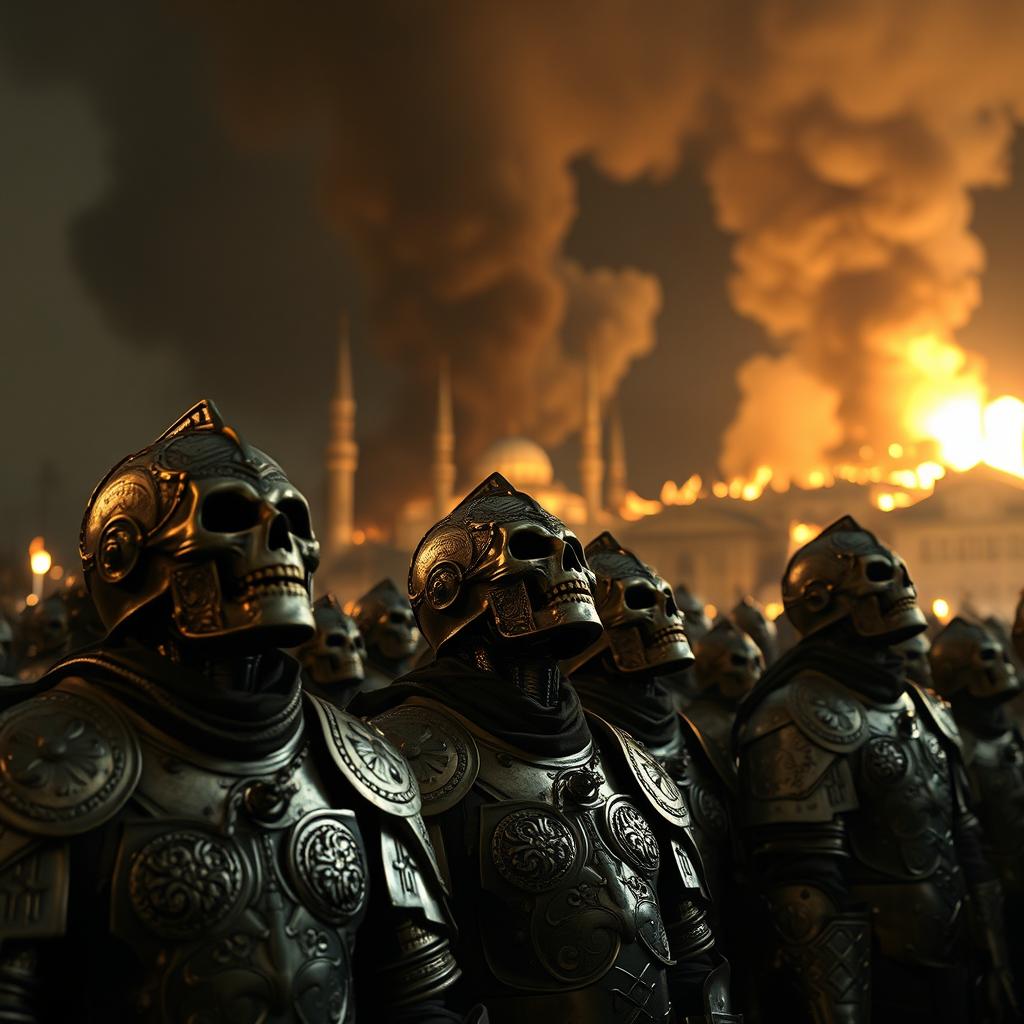A haunting chorus of armored corpses, specifically resembling the soldiers of the Byzantine army, singing in unison