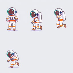 A pixel art sprite sheet featuring a pixel astronaut character in a 32x32 pixel format