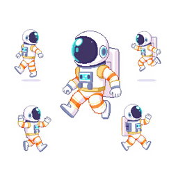 A pixel art sprite sheet featuring a pixel astronaut character in a 32x32 pixel format