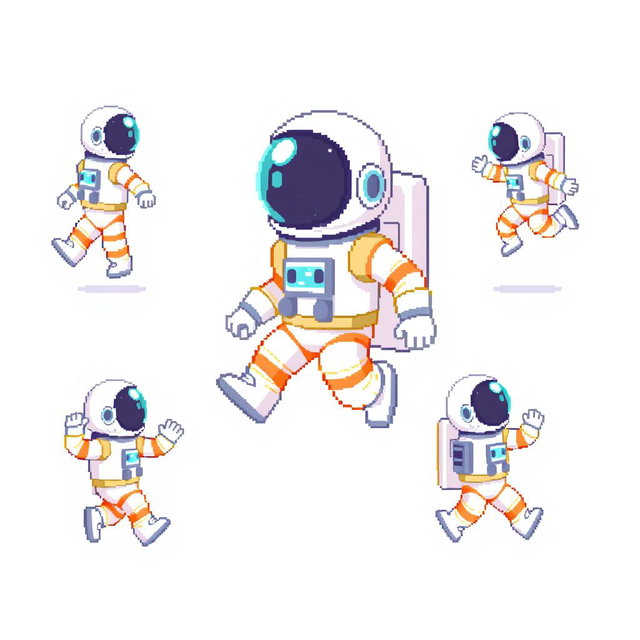 A pixel art sprite sheet featuring a pixel astronaut character in a 32x32 pixel format