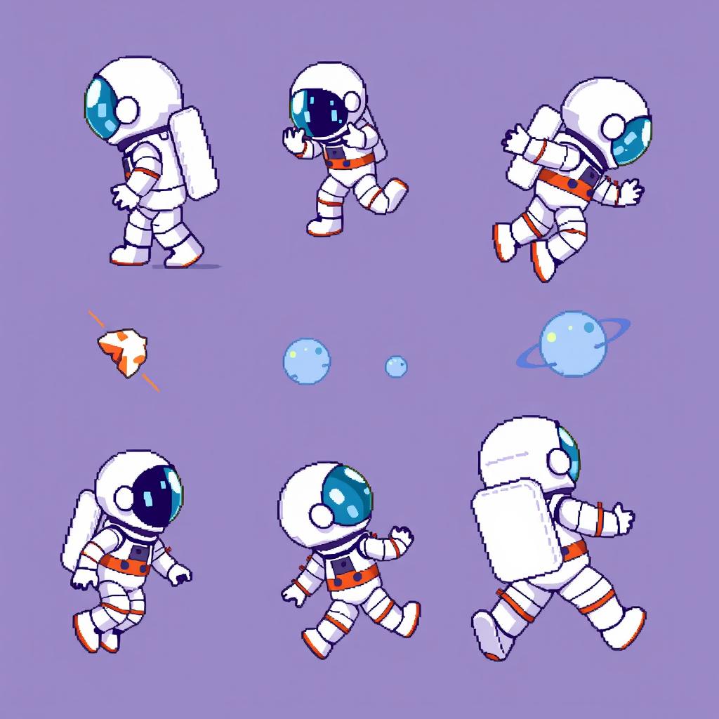 A pixel art sprite sheet featuring a pixel astronaut character in a 32x32 pixel format