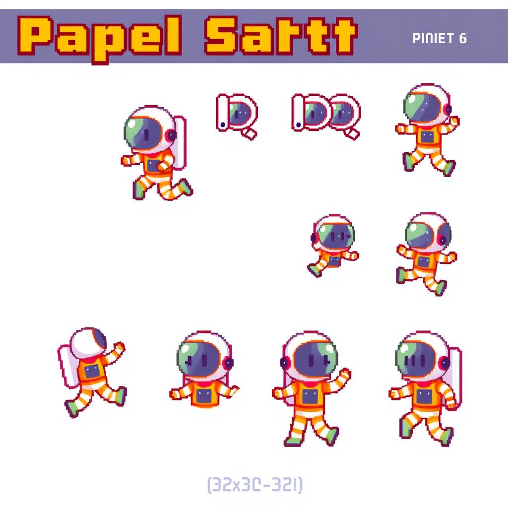 A vibrant pixel art sprite sheet featuring a pixel astronaut character in a 32x32 pixel format