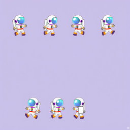 A vibrant pixel art sprite sheet featuring a pixel astronaut character in a 32x32 pixel format