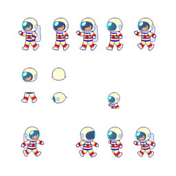 A vibrant pixel art sprite sheet featuring a pixel astronaut character in a 32x32 pixel format