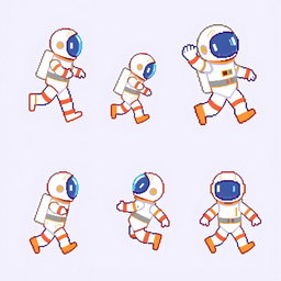 A vibrant pixel art sprite sheet featuring a pixel astronaut character in a 32x32 pixel format