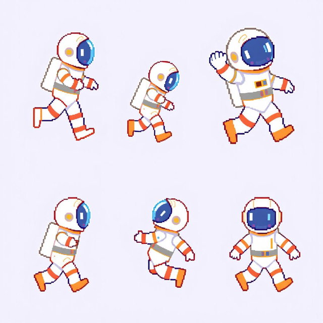 A vibrant pixel art sprite sheet featuring a pixel astronaut character in a 32x32 pixel format