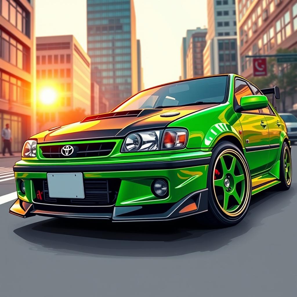 A vivid and detailed illustration of a green Toyota Tercel with a black hood