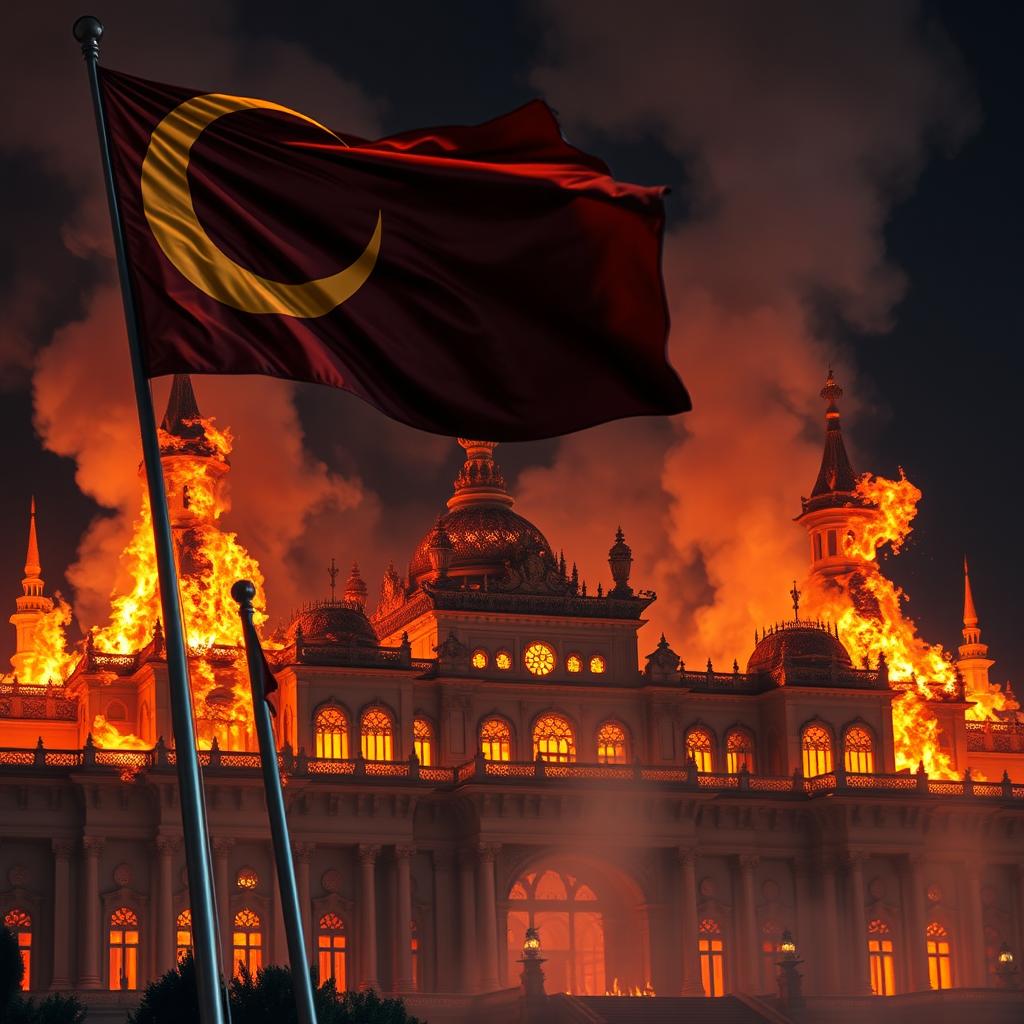 A crescent moon flag fluttering majestically above a grand palace engulfed in flames, with smoke billowing into the night sky