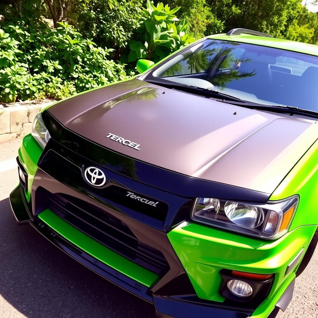 A Toyota Tercel in a vibrant green color with a sleek black hood, featuring a stylish black front lip and a matching black rear spoiler