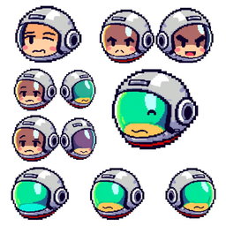 A pixel art sprite sheet featuring the head of a pixel astronaut in a 32x32 pixel format