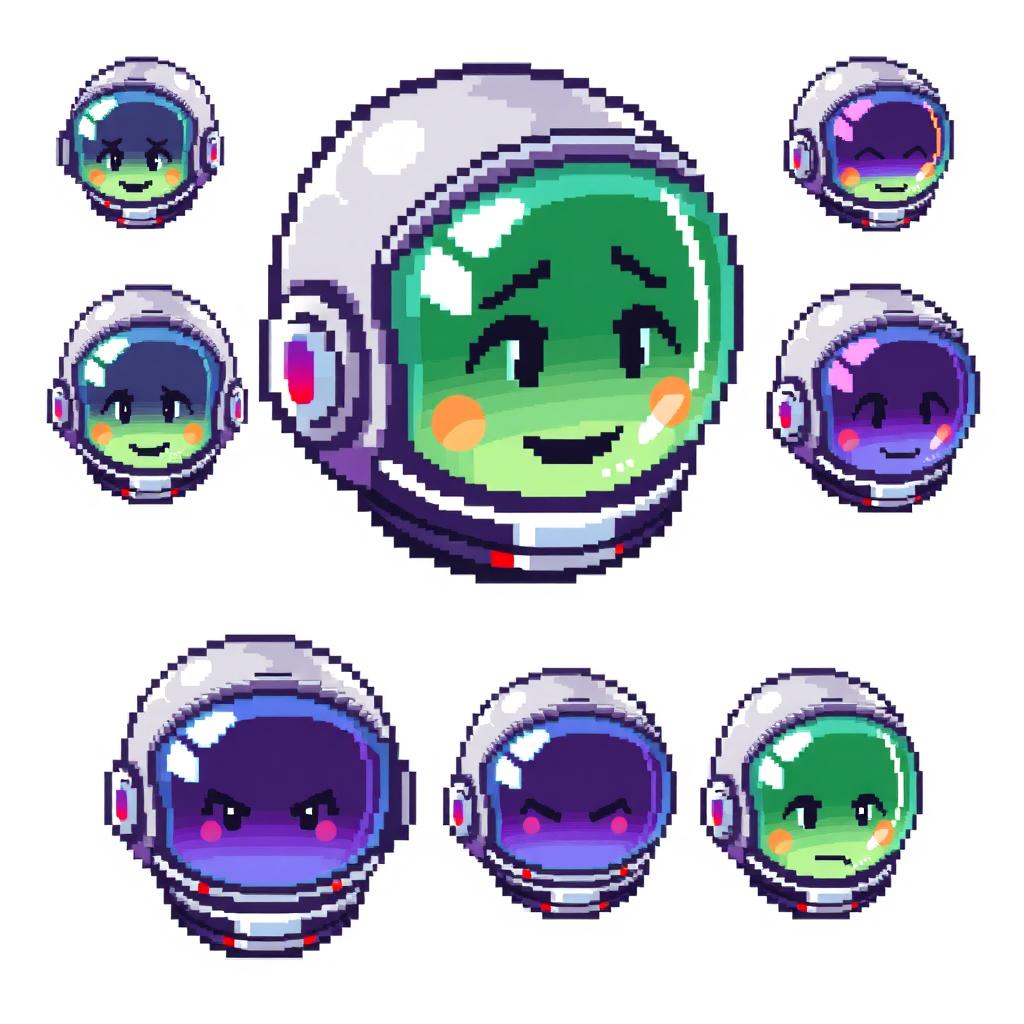 A pixel art sprite sheet featuring the head of a pixel astronaut in a 32x32 pixel format
