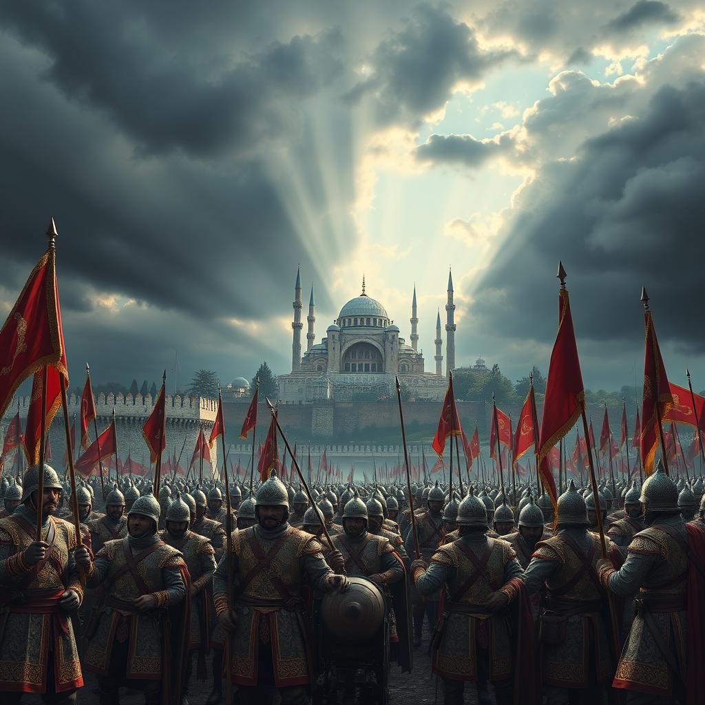 A dramatic scene depicting the Ottoman army at the gates of Constantinople, showcasing an array of soldiers in traditional Ottoman armor and uniforms, including intricate patterns and vibrant colors