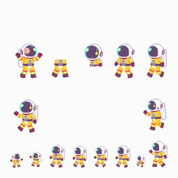 A pixel art sprite sheet featuring a pixel astronaut character in a 16x16 pixel format, presented in a half-body view