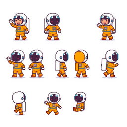 A pixel art sprite sheet featuring a pixel astronaut character in a 16x16 pixel format, presented in a half-body view