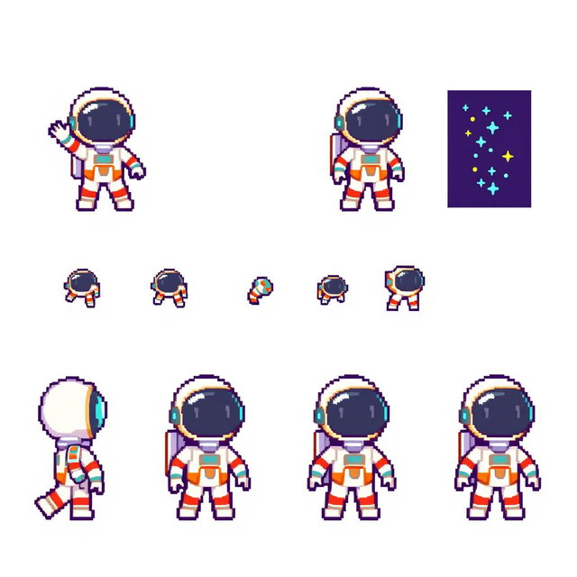 A pixel art sprite sheet featuring a pixel astronaut character in a 16x16 pixel format, presented in a half-body view