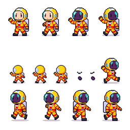 A pixel art sprite sheet featuring a pixel astronaut character in a 16x16 pixel format, presented in a half-body view