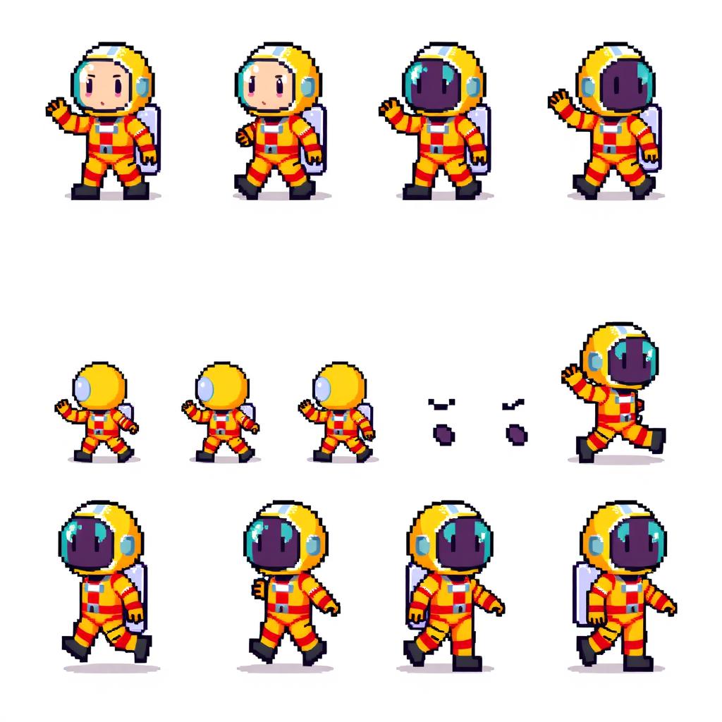A pixel art sprite sheet featuring a pixel astronaut character in a 16x16 pixel format, presented in a half-body view