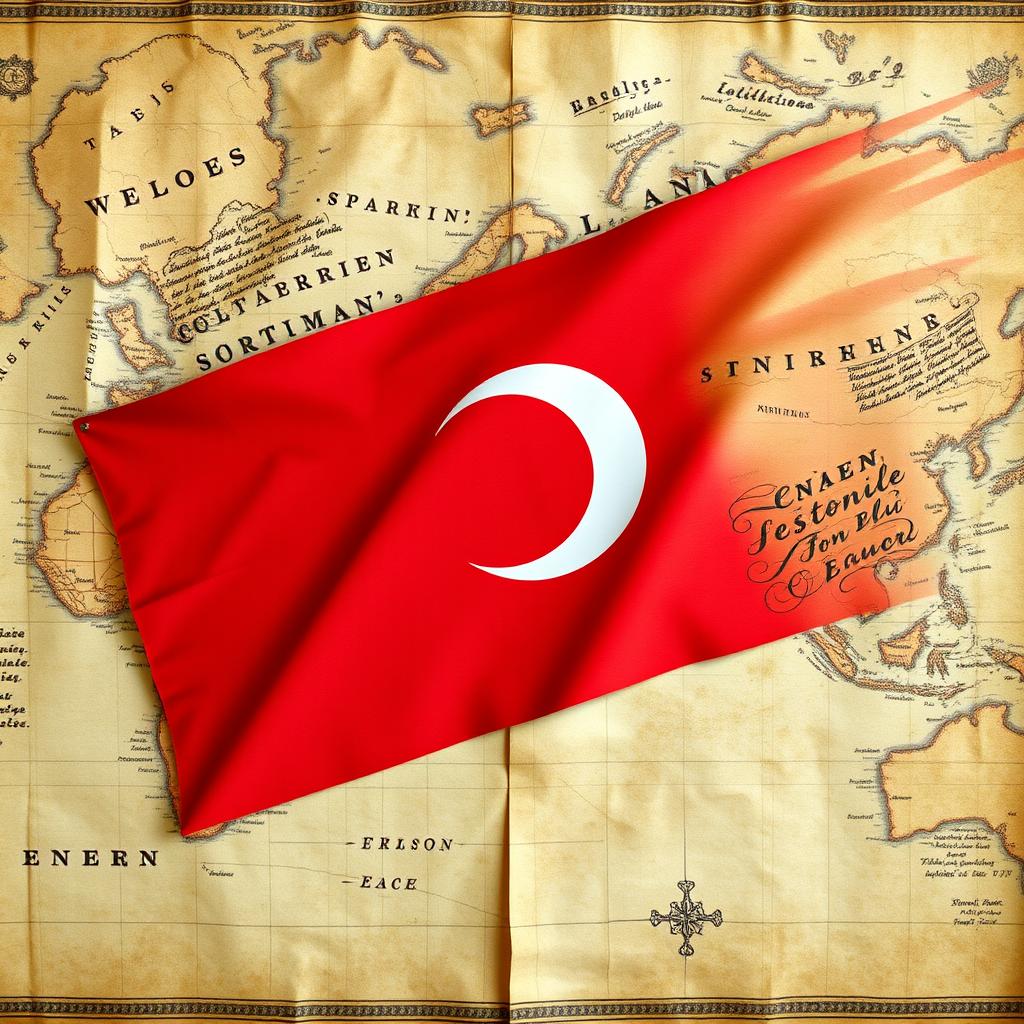 An ancient world map with intricate details of geographical features and old civilizations, elegantly covered by the Ottoman flag, showcasing its vibrant colors and distinctive crescent and star emblem