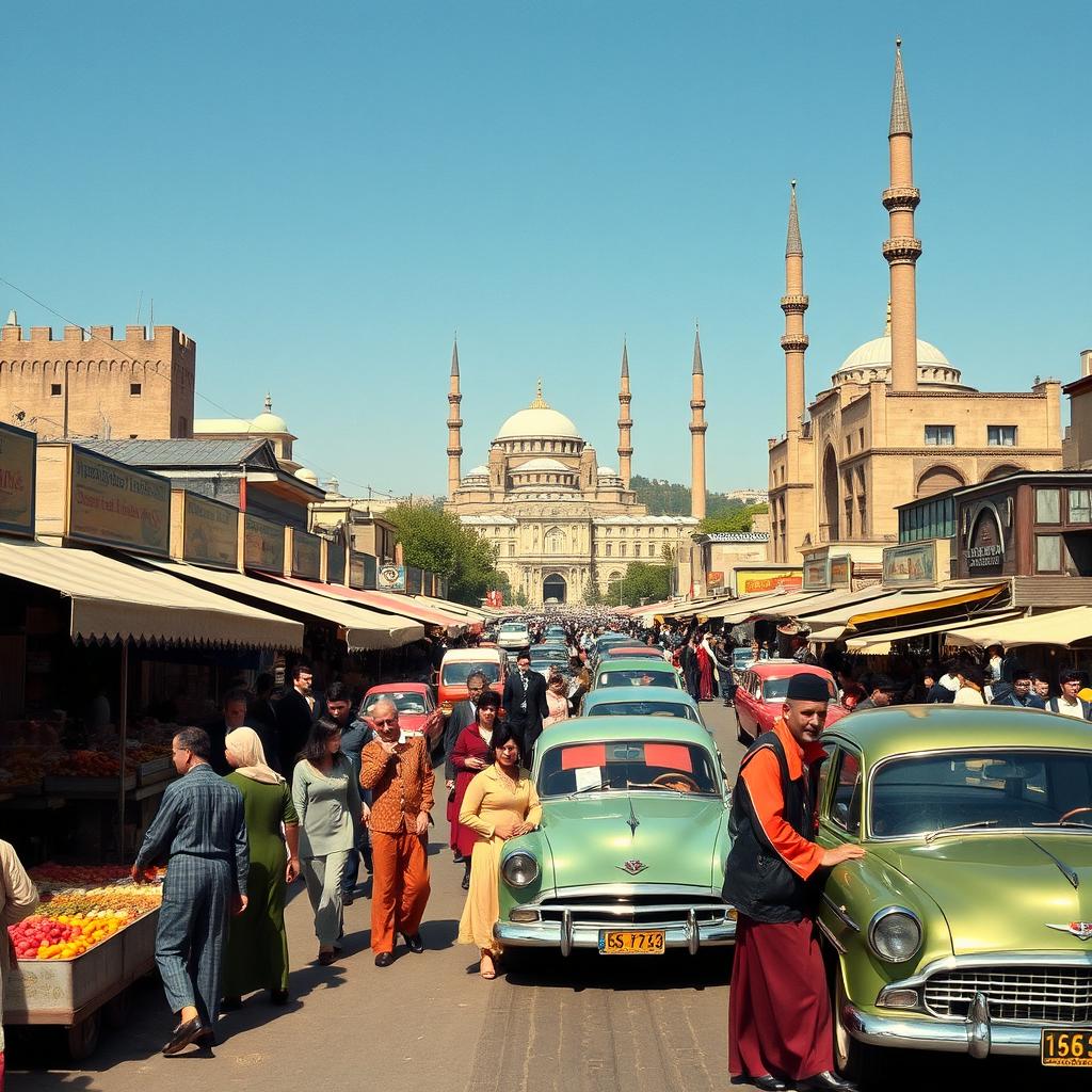 A vibrant street scene in Tehran during the year 1340 (1961), showcasing bustling markets, traditional Persian architecture, and people dressed in vintage 1960s Iranian attire