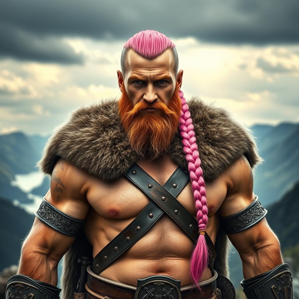 A powerful Viking warrior with a striking pink braid, showcasing a strong and confident stance