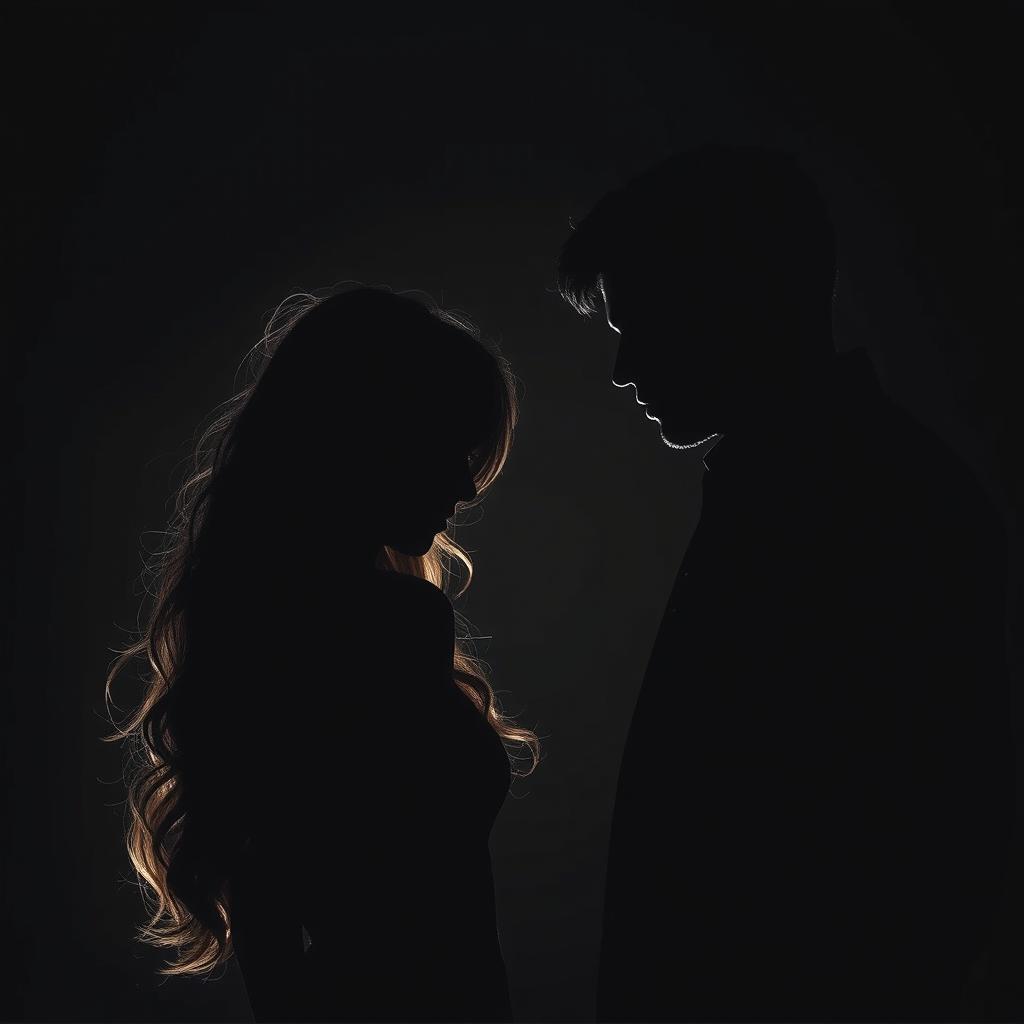 A dramatic silhouette scene depicting a young woman with long, wavy black hair, and a handsome young man in a shadowy, dimly lit room