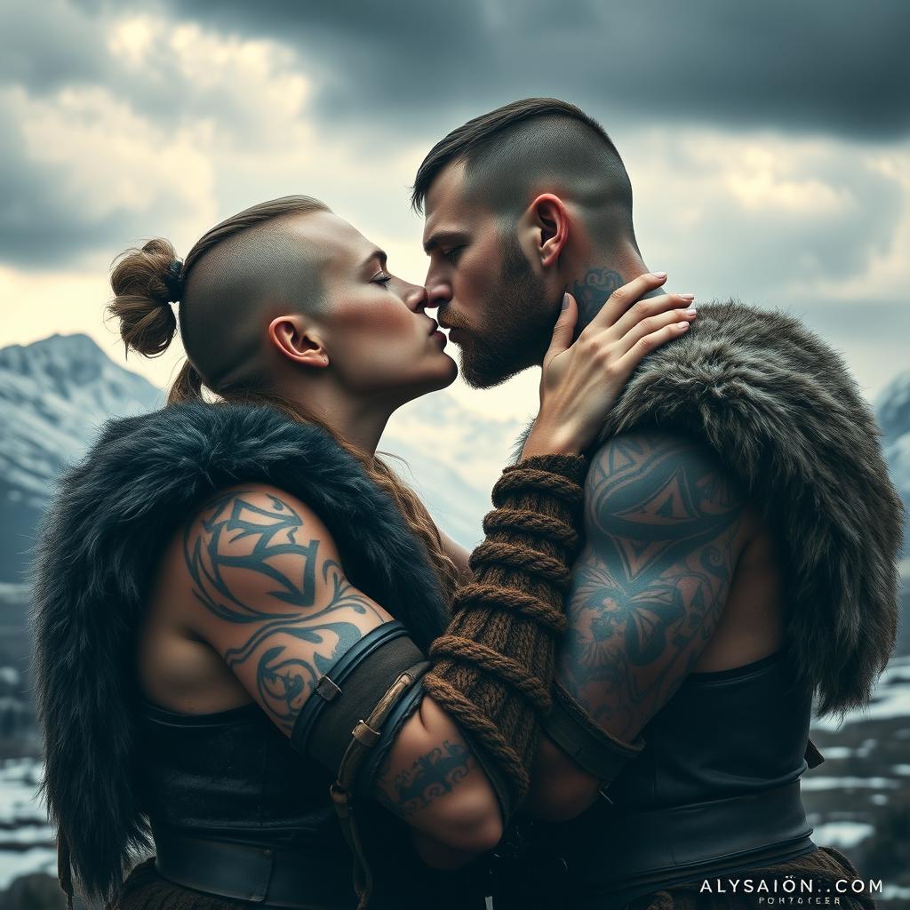 Two Viking warriors embracing in a passionate kiss, showcasing their rugged features and intricate tattoos