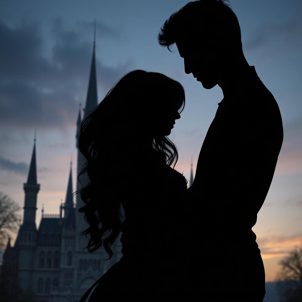 A dramatic silhouette of a young woman with long, wavy black hair, surrounded by a dark and mysterious atmosphere