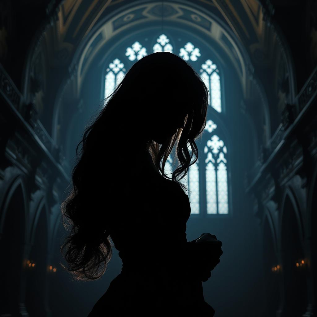 A dramatic silhouette scene featuring a young woman with long, wavy black hair, appearing to be surrounded or gently restrained by the silhouette of a handsome young man