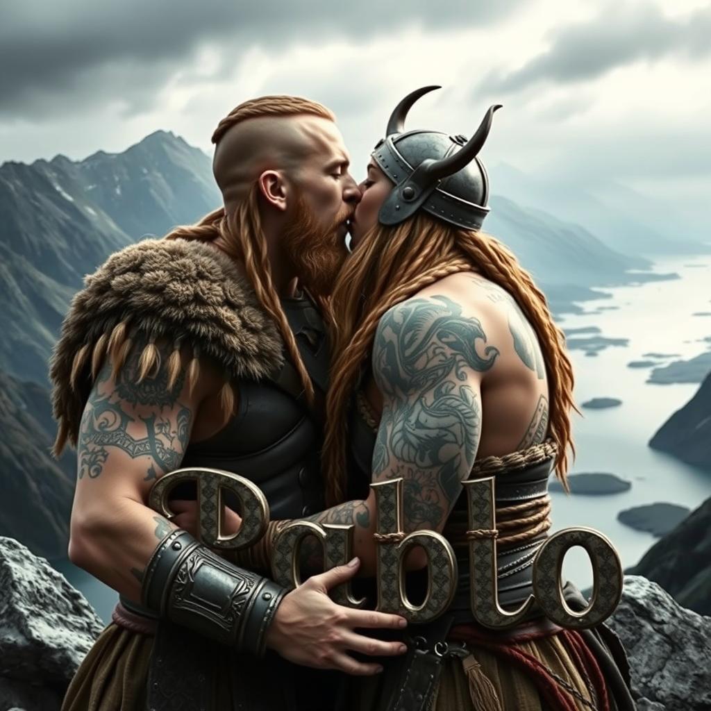 Two Viking warriors locked in a passionate kiss, showcasing their detailed traditional armor and intricate tattoos