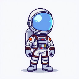 A pixel art representation of an astronaut in a 16x16 format, showcasing a half body view